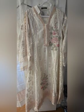 Elegant Ivory Embroidered Women's Dress with Pink Floral Accents